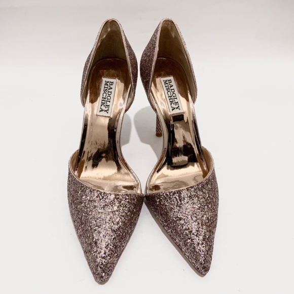 Badgley Mischka Ozara Pointed Toe Stiletto Heel Rose Gold Glitter Evening Pump - Picture 9 of 16